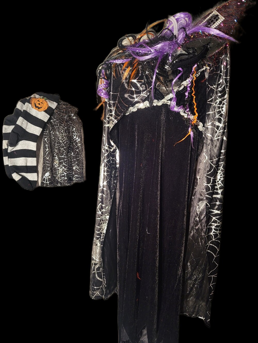 🎃Witch Halter Dress Costume Cape,Hat, Arm Band, Sock, Hair Accents - Kids Sz M